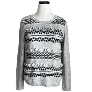 Talbots Women’s Sweater Gray Ruffle Nordic Fair Isle Crew Wool Blend Size L